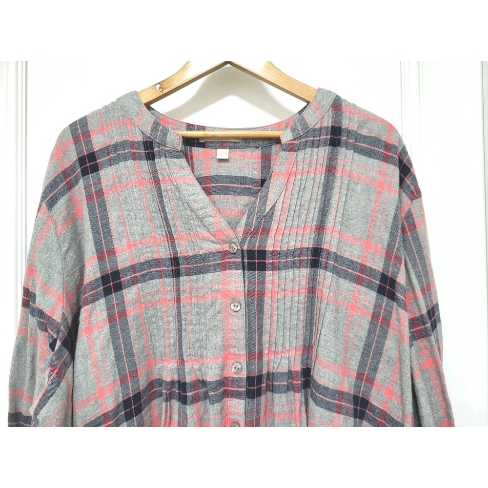 Gray Plaid Collarless Button Up Relaxed Fit Top Woman Within 3X - Picture 2 of 7
